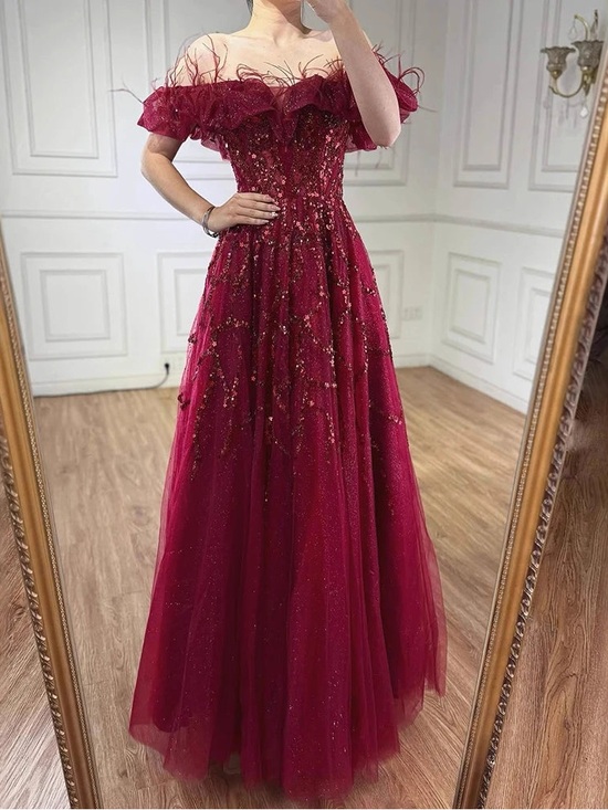 Dresses & Skirts - Off-Shoulder Burgundy Red Sequin Tulle Gown